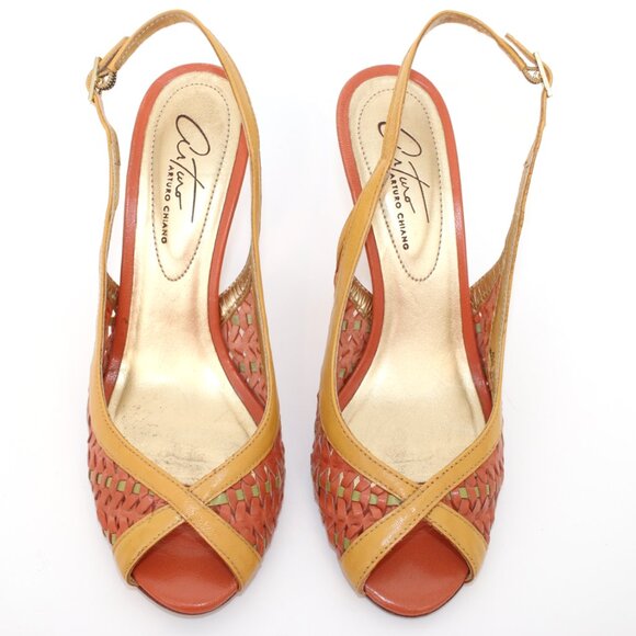 Arturo Chiang Leather Rattan Woven Sling Back Heels Sz 5.5 - Picture 2 of 6